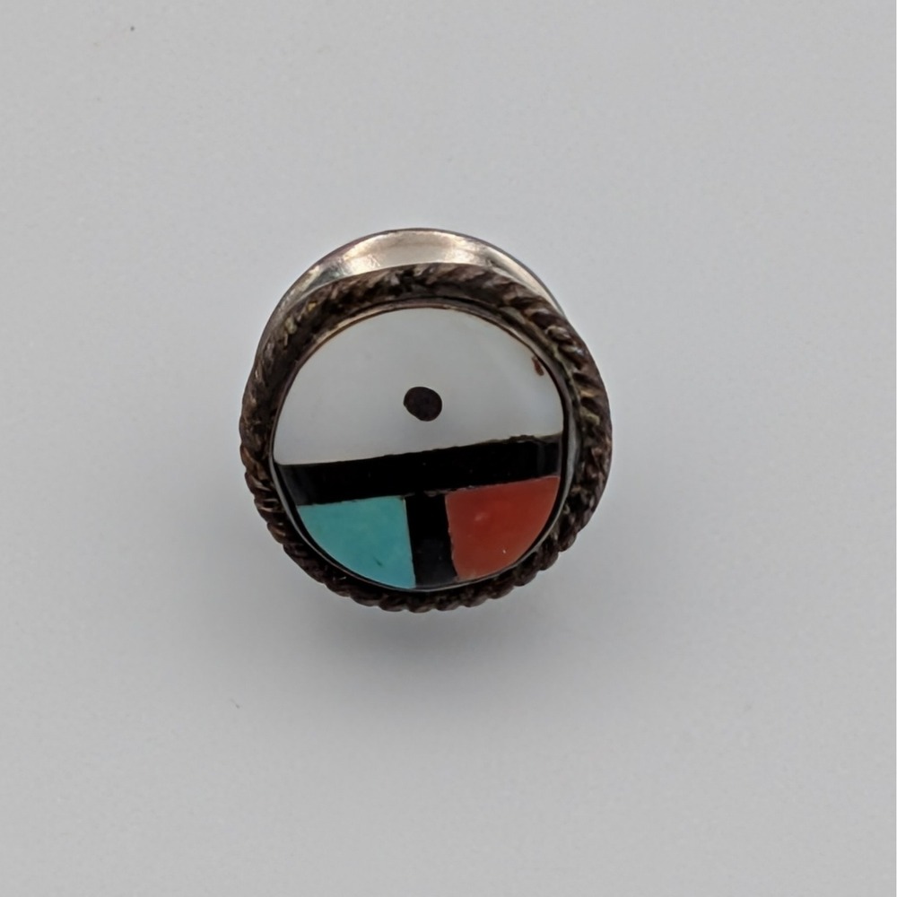 VTG Southwestern Sunface Tie Tack Inlay Style MOP Turquoise Coral Tone
